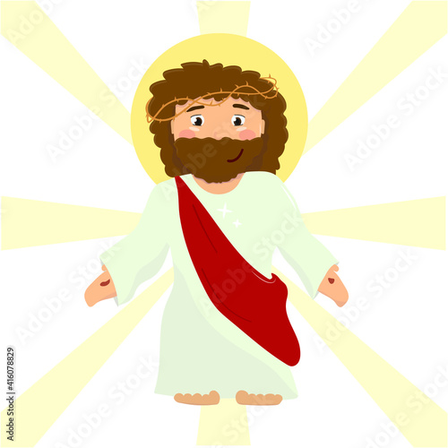 Cute Jesus with crown of thorns and wounds on the hands - vector illustration