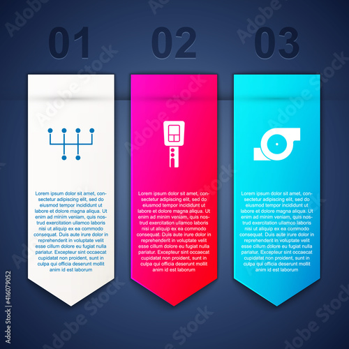 Set Gear shifter, Car key with remote and Automotive turbocharger. Business infographic template. Vector.