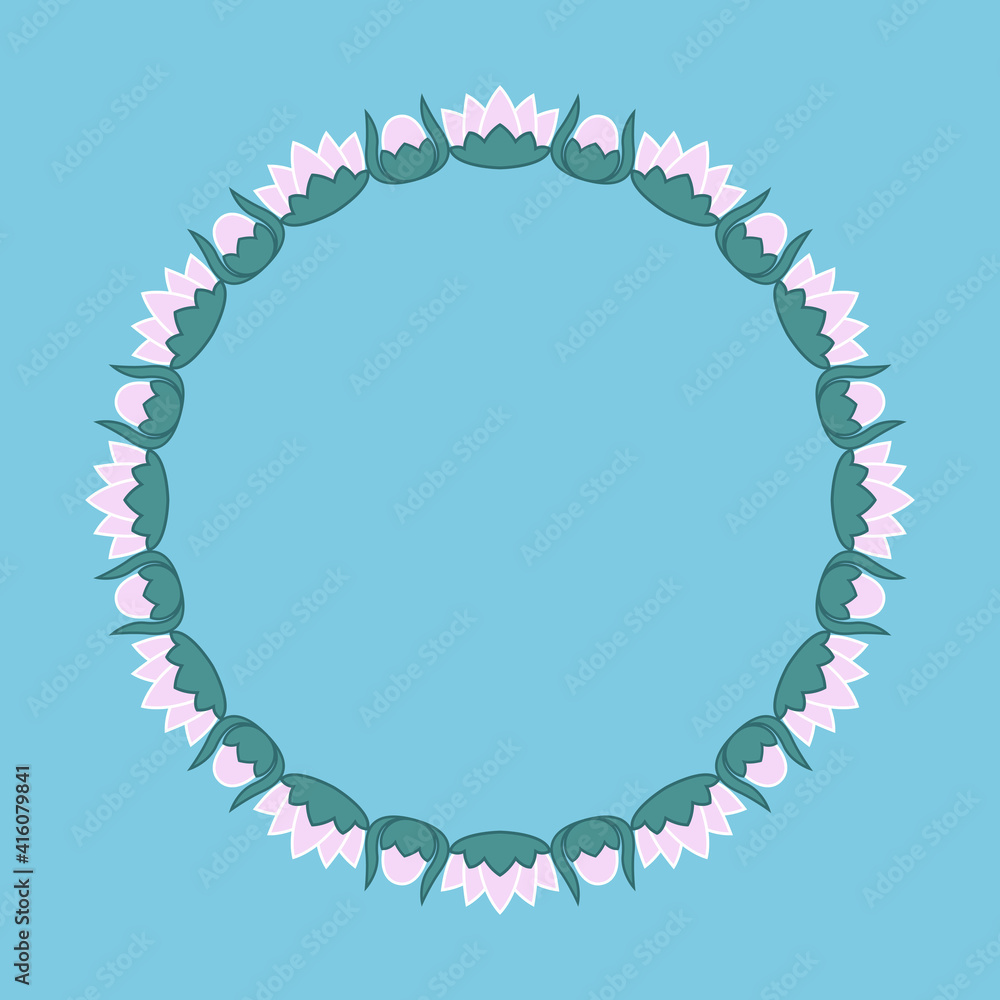 Flowers round frame with nenuphars. Modern vector wreath is suitable for wedding invitations and birthday cards