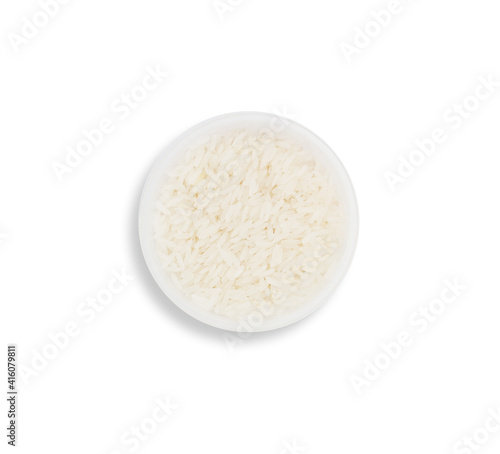 Jasmine rice in the plastic cup on white background, This has clipping path.