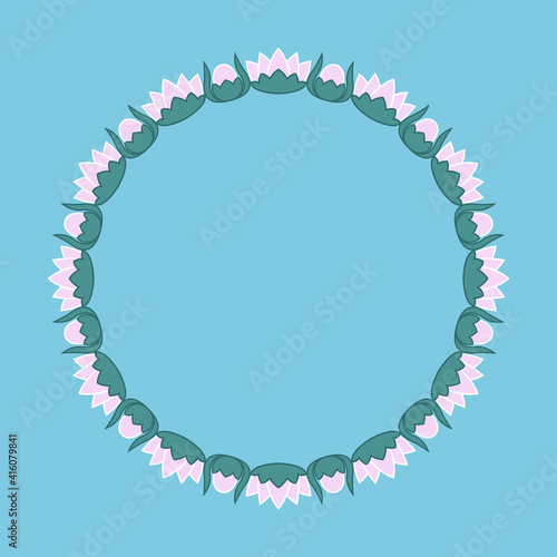 Flowers round frame with nenuphars. Modern vector wreath is suitable for wedding invitations and birthday cards