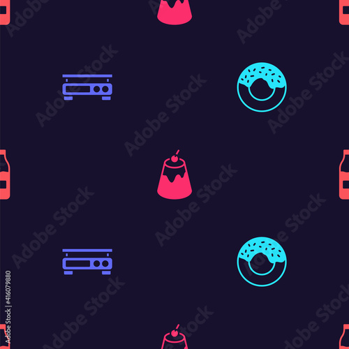Set Donut, Electronic scales, Pudding custard and Bottle with milk on seamless pattern. Vector.