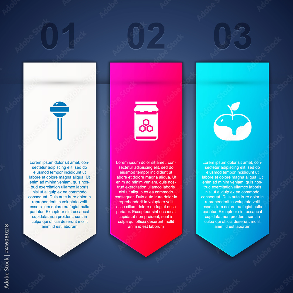 Set Lollipop, Jar of honey and Apple in caramel. Business infographic template. Vector. Set Lollipop, Jar of honey and Apple in caramel. Business infographic template. Vector.