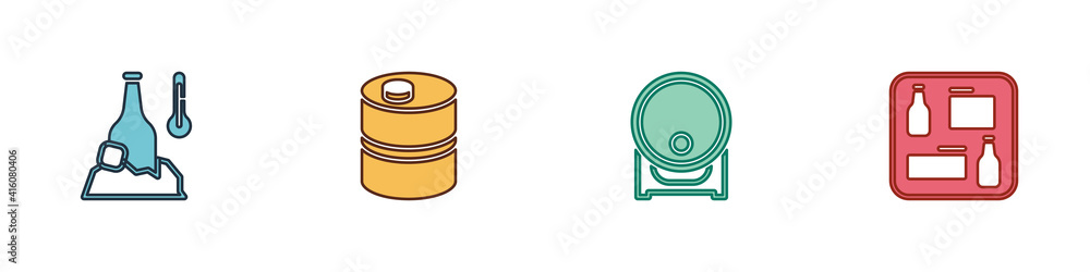 Set Cold beer bottle, Metal keg, Wooden barrel on rack and Beer menu icon. Vector. Set Cold beer bottle, Metal keg, Wooden barrel on rack and Beer menu icon. Vector.