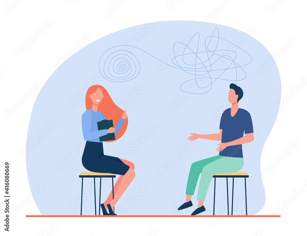Man visiting psychological counselor. Patient with tangled rope consulting psychologist. Flat vector illustration. Mental health, depression concept for banner, website design or landing web page