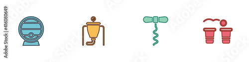 Set Wooden barrel on rack, Beer brewing process, Wine corkscrew and pong game icon. Vector.