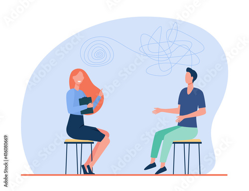 Man visiting psychological counselor. Patient with tangled rope consulting psychologist. Flat vector illustration. Mental health, depression concept for banner, website design or landing web page