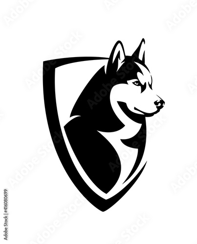 siberian husky head and heraldic shield - guard dog insignia badge black and white vector design