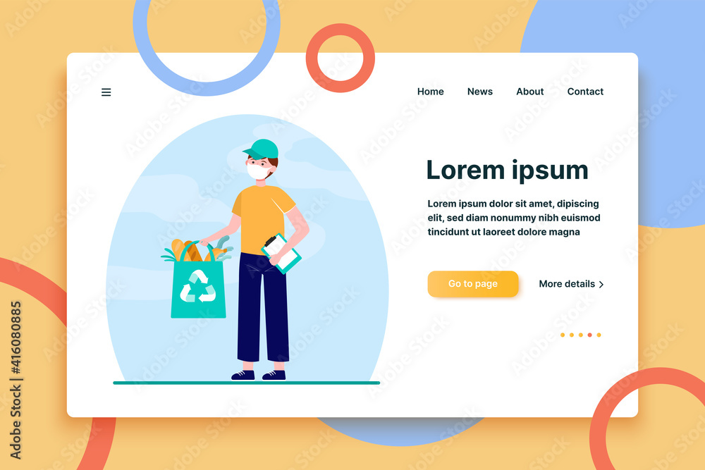 Young courier in mask holding meal from grocery store. Order, quarantine, food flat vector illustration. Shopping at home and delivery concept for banner, website design or landing web page Young courier in mask holding meal from grocery store. Order, quarantine, food flat vector illustration. Shopping at home and delivery concept for banner, website design or landing web page