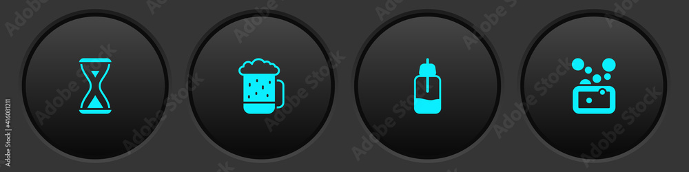 Set Sauna hourglass, Wooden beer mug, Essential oil bottle and Bar of soap icon. Vector. Set Sauna hourglass, Wooden beer mug, Essential oil bottle and Bar of soap icon. Vector.