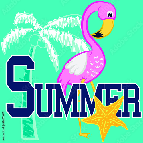 Cute flamingo girl cartoon with tropical elements background vector illustration, for fashion design
