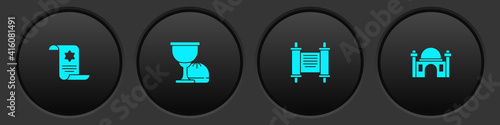 Set Torah scroll, Holy grail chalice, Decree, paper, parchment, and Muslim Mosque icon. Vector.