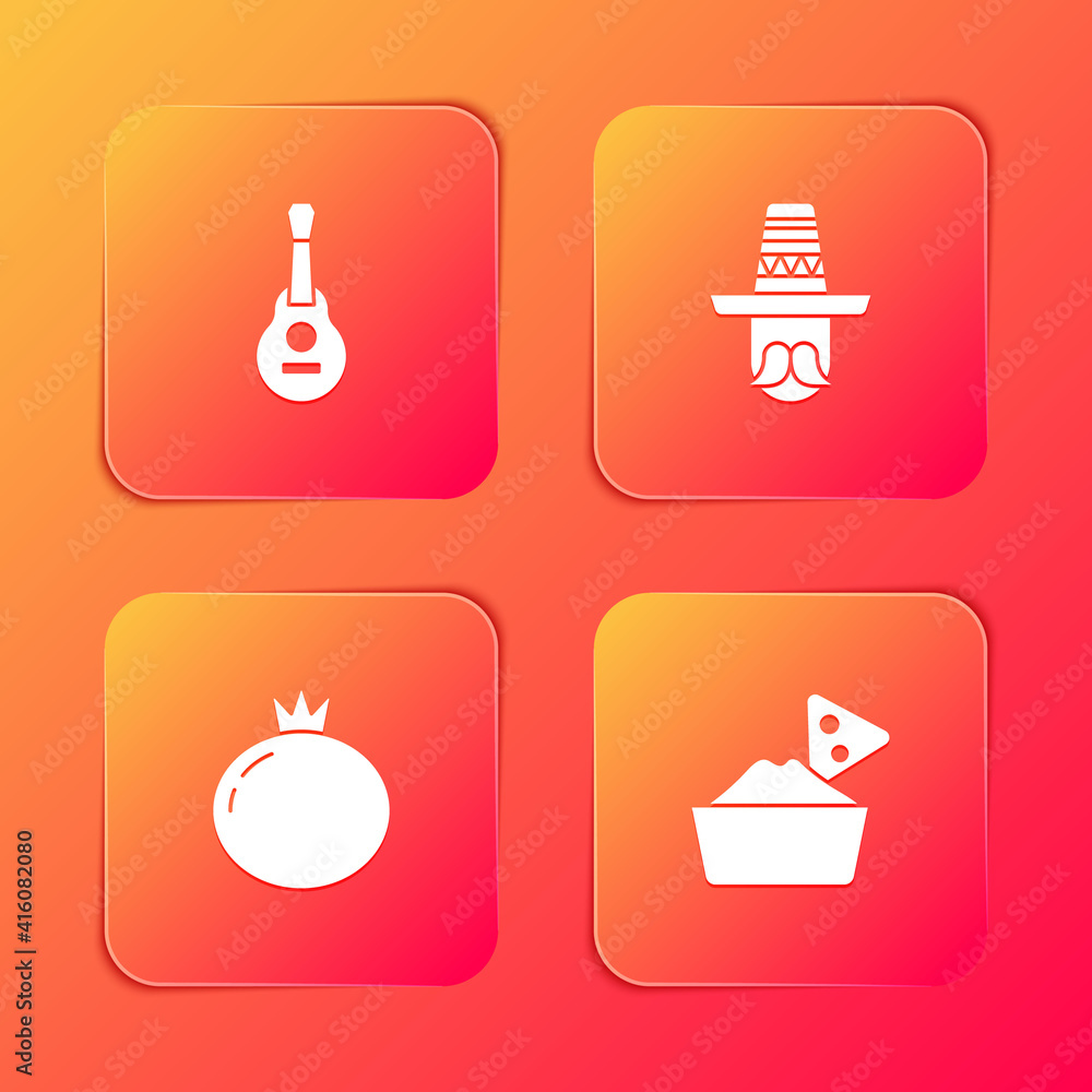 Set Mexican guitar, man sombrero, Tomato and Nachos in bowl icon. Vector. Set Mexican guitar, man sombrero, Tomato and Nachos in bowl icon. Vector.