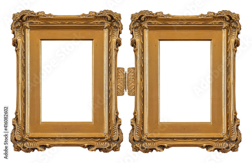Double golden frame (diptych) for paintings, mirrors or photos isolated on white background. Design element with clipping path