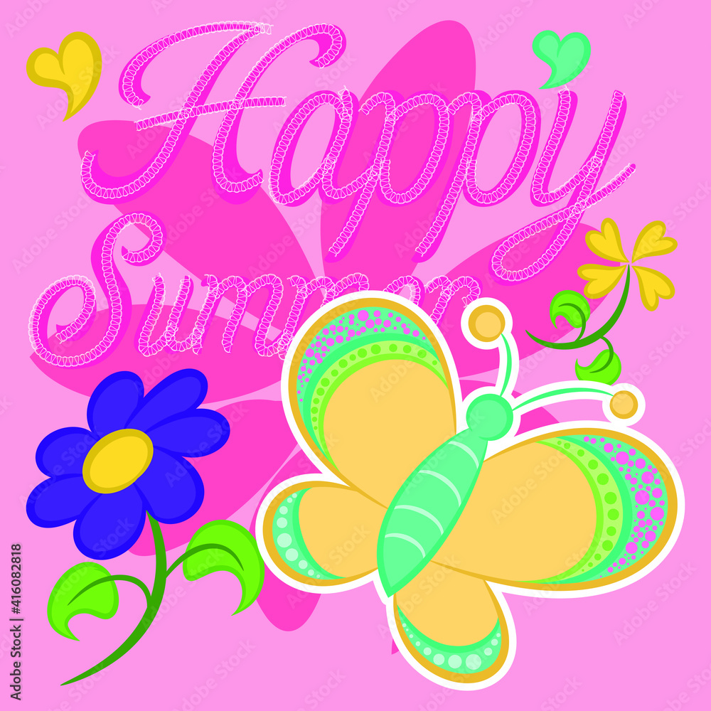 Illustration vector cute butterfly with text and flowers for fashion design