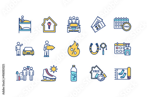 Budget tourism RGB color icons set. Hostel room. Renting apartment. Ride sharing. Hitchhiking. Public transport ticket. Hot discounts. Booking in advance. Home stay. Isolated vector illustrations