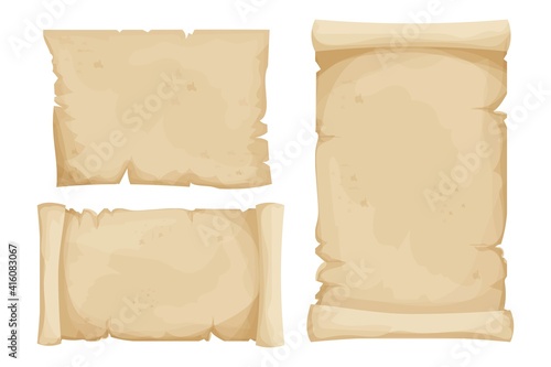 Set parchment, scroll papyrus, antique paper blank in cartoon style isolated on white background. Fairy, fantasy element, ui assets. Textured, detailed empty manuscript.