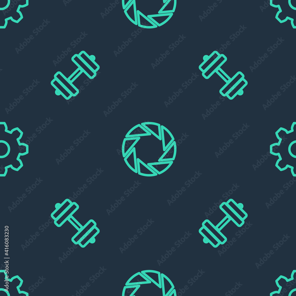 Fototapeta premium Set line Camera shutter, Dumbbell and Cogwheel gear settings on seamless pattern. Vector.