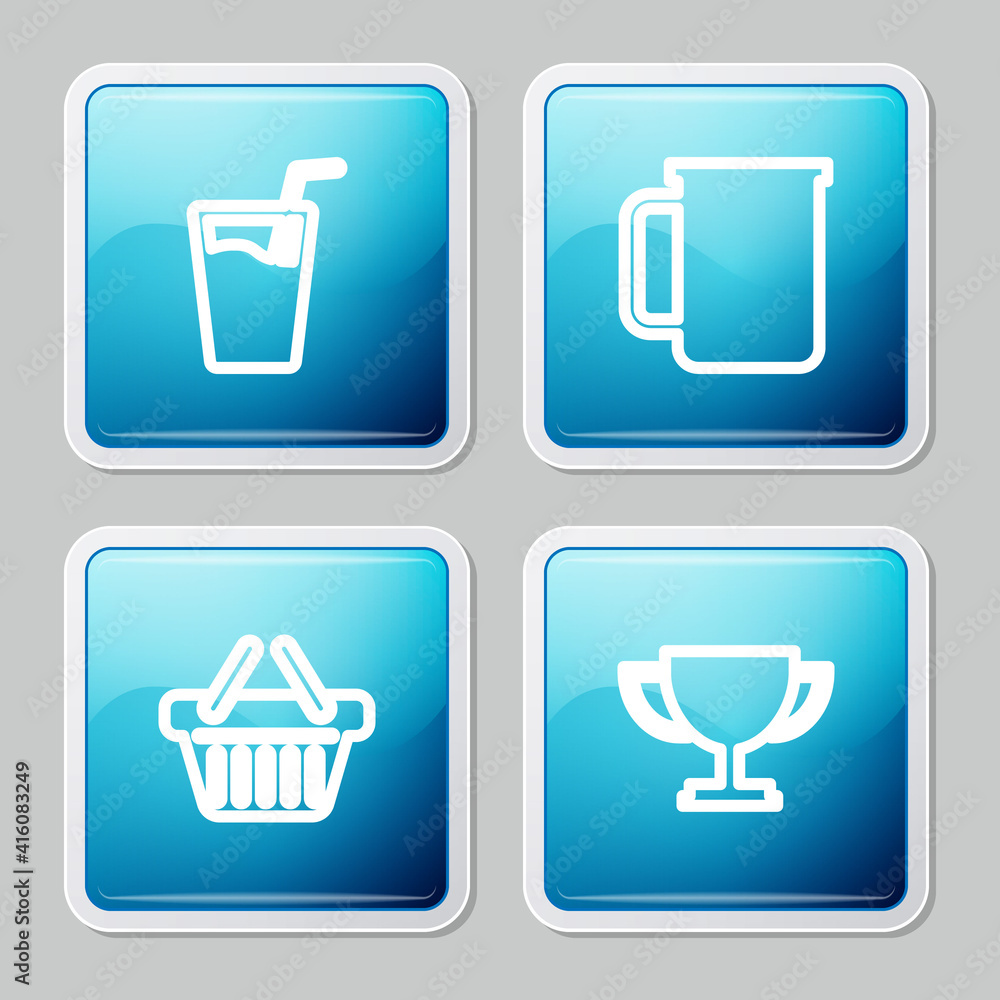Set line Glass with water, Coffee cup, Shopping basket and Trophy icon. Vector. Set line Glass with water, Coffee cup, Shopping basket and Trophy icon. Vector.