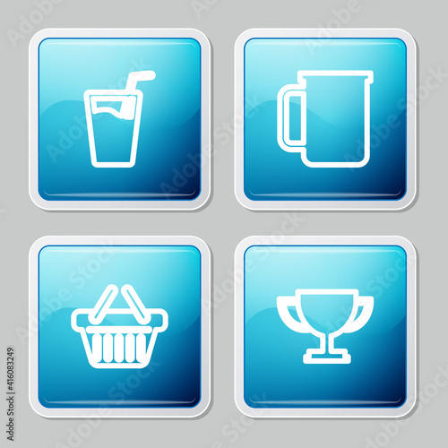 Set line Glass with water  Coffee cup  Shopping basket and Trophy icon. Vector.