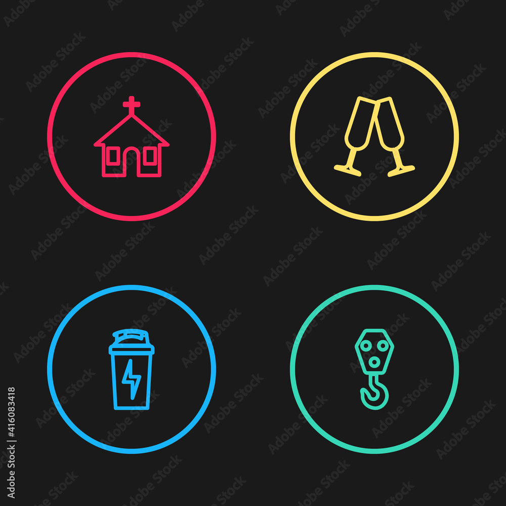 Set line Fitness shaker, Industrial hook, Glasses of champagne and Church building icon. Vector. Set line Fitness shaker, Industrial hook, Glasses of champagne and Church building icon. Vector.