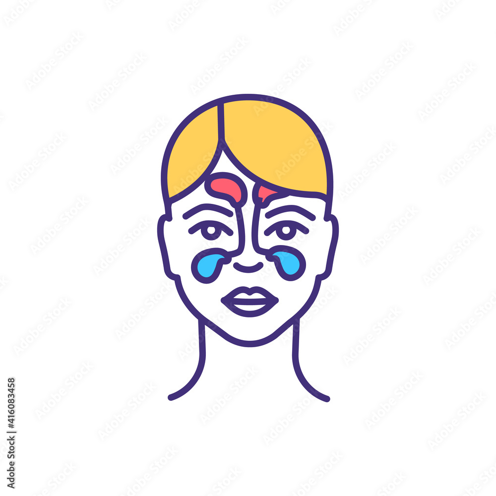 Sinusitis RGB color icon. Inflamed, swollen nasal passages. Air-filled cavities behind cheekbones and forehead. Viral infection. Bacteria, viruses, allergies. Isolated vector illustration