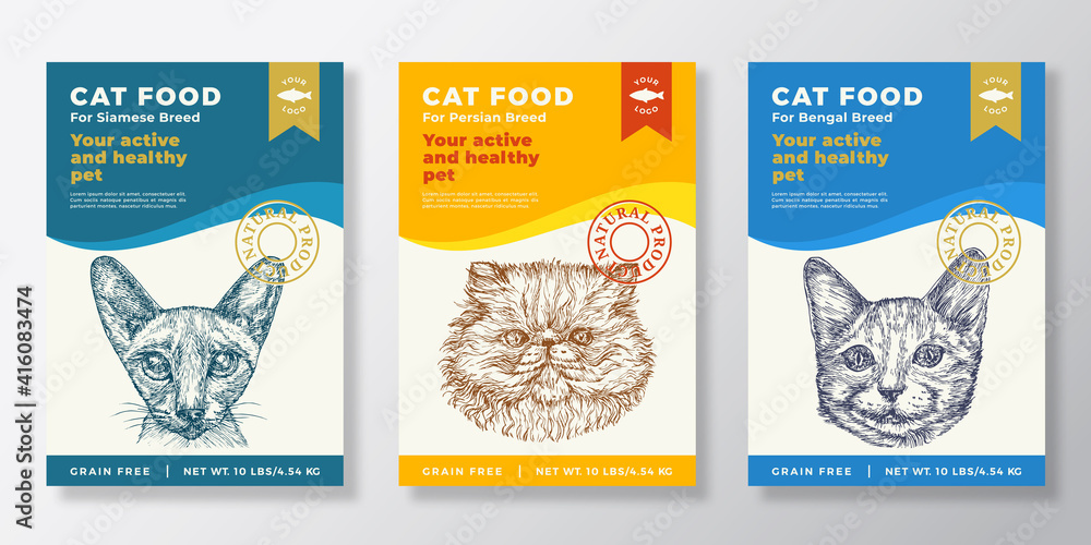 Cat Food Label Templates Set. Abstract Vector Packaging Design Layouts ...