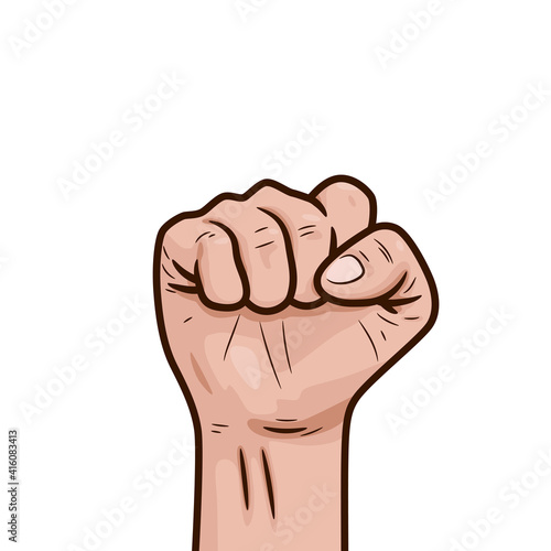 Fist raised up isolated on white background.  There is a place for an inscription.  Protest sign in the form of a raised hand up