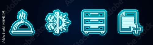 Set line Covered with tray of food, Sun and snowflake, Furniture nightstand and Add new file. Glowing neon icon. Vector.