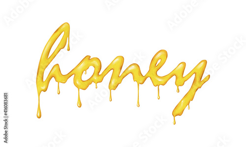 Honey lettering drawn with natural honey. Flowing down sweet letters on white background.