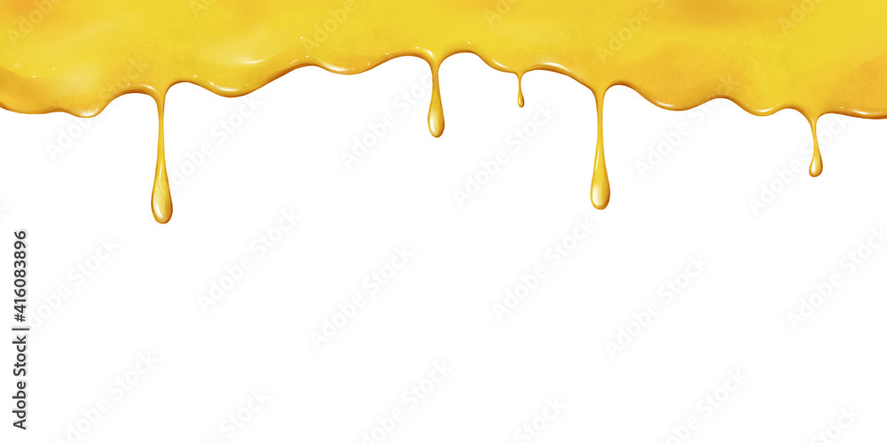 Obraz premium Sweet honey on a white background. Colorful background with delicious honey flowing from the edge. Dripping honey element isolated on white background. Drawn illustration for cafe, shop, bakery menu.