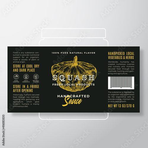 Handcrafted Vegetables and Herbs Sauce Label Template. Abstract Vector Packaging Design Layout. Modern Typography Banner with Hand Drawn Squash Silhouette Background. Isolated