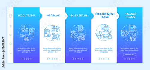 Contract management software users onboarding vector template. Procurement and finance teams. Responsive mobile website with icons. Webpage walkthrough step screens. RGB color concept
