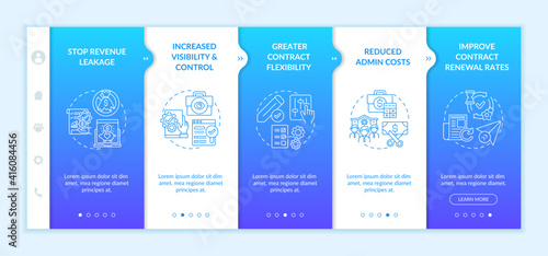 Contract management automation benefits onboarding vector template. Increased visibility and control. Responsive mobile website with icons. Webpage walkthrough step screens. RGB color concept