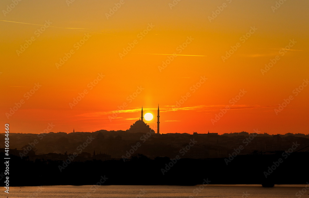 Sunset sky over Istanbul mosques. Turkey.