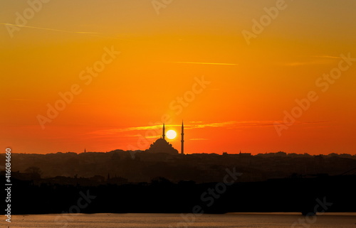 Sunset sky over Istanbul mosques. Turkey.