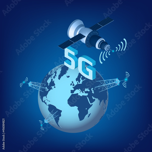 5G LTE technology of high speed data transmission with isometric satellite flying over the planet Earth and high transmission towers. Design element for website or banner. Vector illustration.