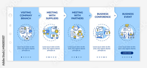 Business travel types onboarding vector template. Visiting company branch. Meeting with suppliers. Responsive mobile website with icons. Webpage walkthrough step screens. RGB color concept