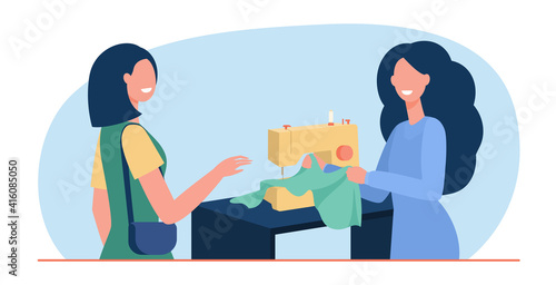 Tailor sewing cloth for female customer at machine. Seamstress talking to client in studio. Flat vector illustration. Fashion designer, craft job concept for banner, website design or landing web page