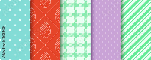 Easter seamless Patterns collection in pastel colors. Eggs, Gingham, Polka Dot and Striped pattern set. Endless texture for web, picnic tablecloth, wrapping paper. Pattern templates in Swatches panel.