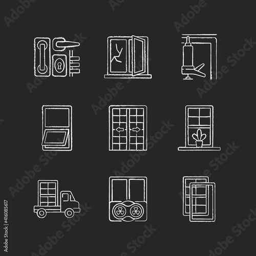 Window and door installations chalk white icons set on black background. Locks and levers. Fixing cracked sills and glass. Insulating barrier creation. Isolated vector chalkboard illustrations
