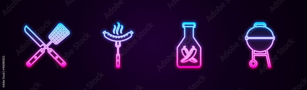 Set line Crossed knife and spatula, Sausage on the fork, Ketchup bottle and Barbecue grill. Glowing neon icon. Vector. Set line Crossed knife and spatula, Sausage on the fork, Ketchup bottle and Barbecue grill. Glowing neon icon. Vector.