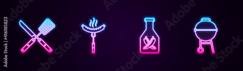 Set line Crossed knife and spatula, Sausage on the fork, Ketchup bottle and Barbecue grill. Glowing neon icon. Vector.