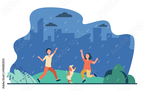 Kids and dog dancing in rain in park. Happy children with pet having fun outdoors. Flat vector illustration. Childhood, outdoor activities concept for banner, website design or landing web page