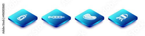 Set Isometric line Mustard bottle, Grilled shish kebab, Steak meat and Barbecue grill icon. Vector.