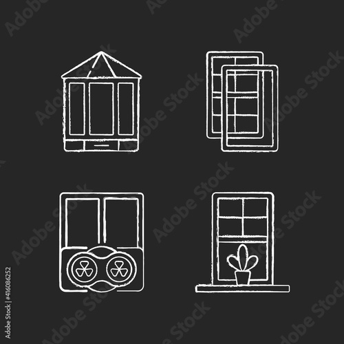 Doors replacement service chalk white icons set on black background. Bay and bow windows. Extra wind protection. Temperatures maintenance. Windowsills. Isolated vector chalkboard illustrations