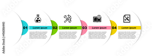 Set line Test tube with virus, Crossed hammer and wrench, Interesting facts and File document service. Business infographic template. Vector.