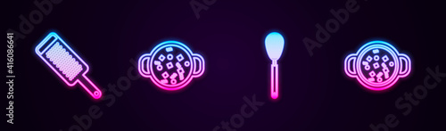 Set line Grater, Cooking soup in pot, Kitchen whisk and . Glowing neon icon. Vector.
