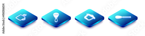 Set Isometric line Coffee cup, Kitchen whisk, Cooking pot and icon. Vector.