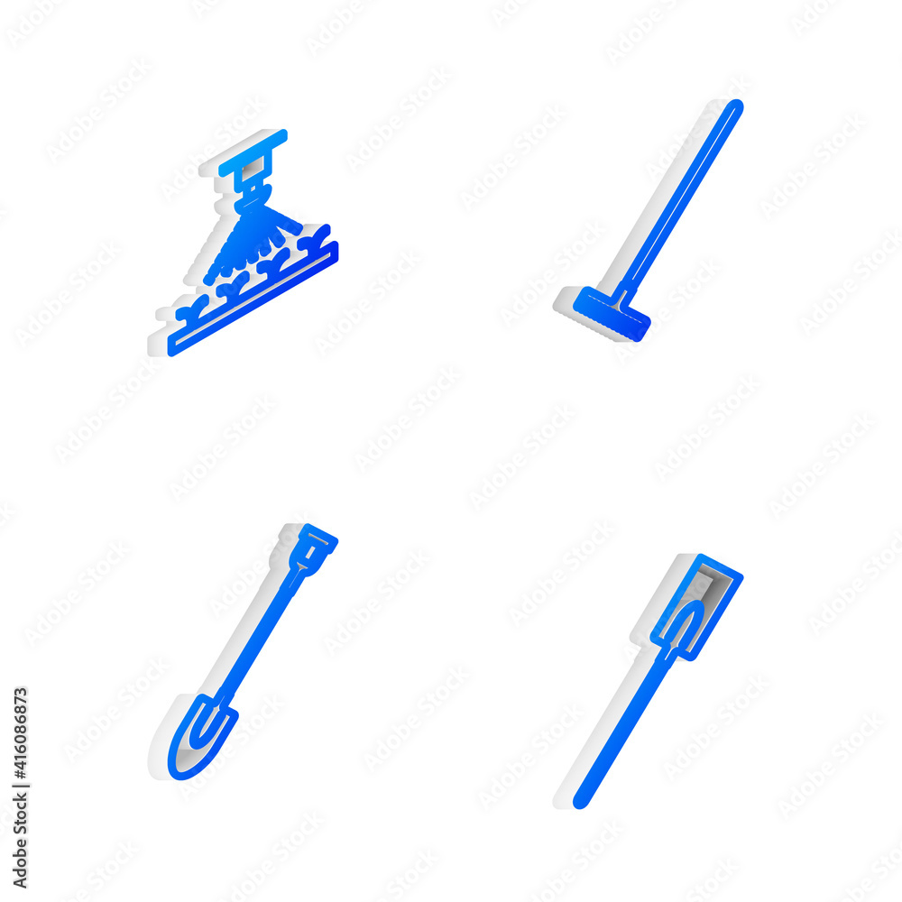Set Isometric line Garden rake, Automatic irrigation sprinklers, shovel and icon. Vector. Set Isometric line Garden rake, Automatic irrigation sprinklers, shovel and icon. Vector.
